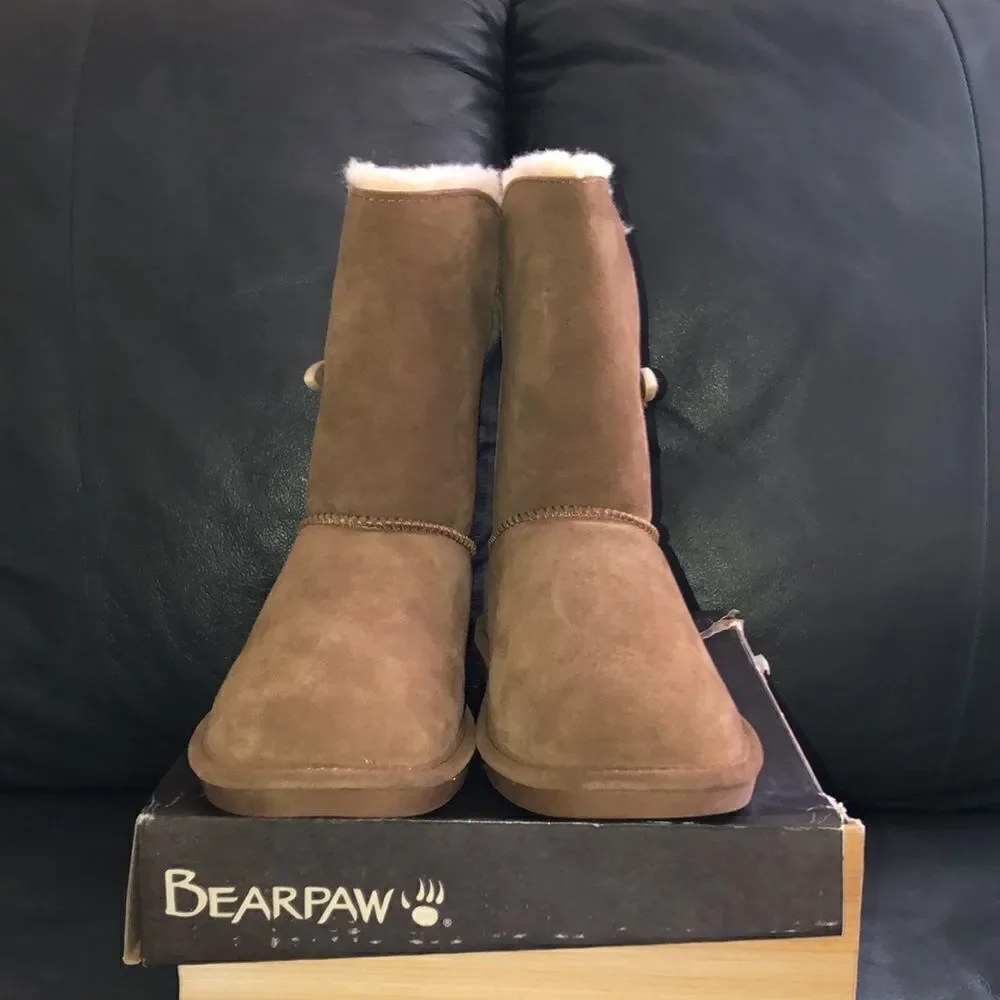 BearPaw 11 Victorian Hickory II Chocolate Brown Sheepskin Lined Suede Boots